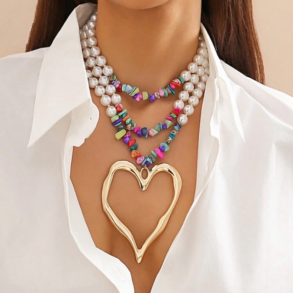 New Multicolor Pearl Heart Necklace - Picture 3 of 5